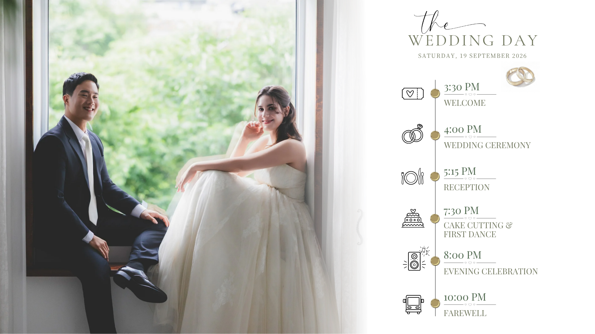 Wedding Day schedule: welcome at 3:30 PM, ceremony at 4:00 PM, reception at 5:15 PM, cake cutting and first dance at 7:30 PM, evening celebration at 8:00 PM, and farewell at 10:00 PM