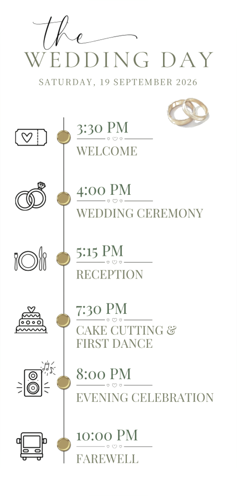 Wedding Day schedule: welcome at 3:30 PM, ceremony at 4:00 PM, reception at 5:15 PM, cake cutting and first dance at 7:30 PM, evening celebration at 8:00 PM, and farewell at 10:00 PM